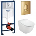 Комплект инсталляция Grohe 38721GL1 с подвесным унитазом безободковым Jaquar Solo SLS-WHT-6953BIUFSM золотая панель смыва (38SLSGL1)