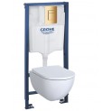 Комплект инсталляция Grohe 38772GL1 с подвесным унитазом безободковым Geberit Acanto 500.600.01.2 золотая панель смыва (38600GL0)